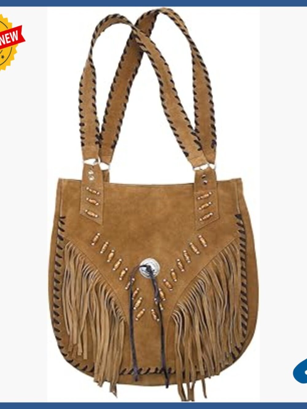 Suede Leather Crossbody Bag with Fringe and Beaded Detailing